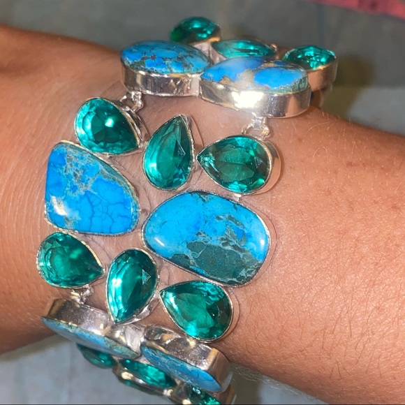 Tibetan Turquoise + Tourmaline gem cluster statement cuff - Picture 4 of 7